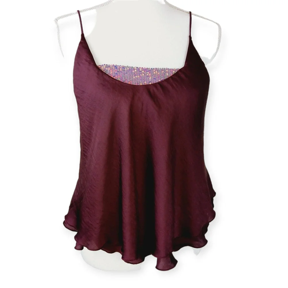 Free People SZ M Turn It On Cami Merlot Sequin Embellished Inset OB1064843